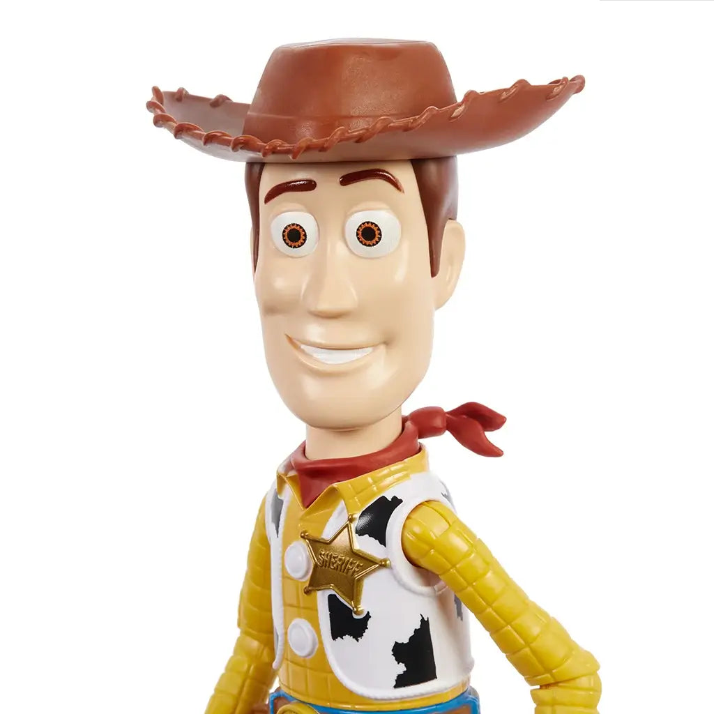 Close-up of Disney and Pixar Toy Story Woody 12-inch action figure’s smiling face, showing detailed features like sheriff badge, red bandana, and brown cowboy hat.