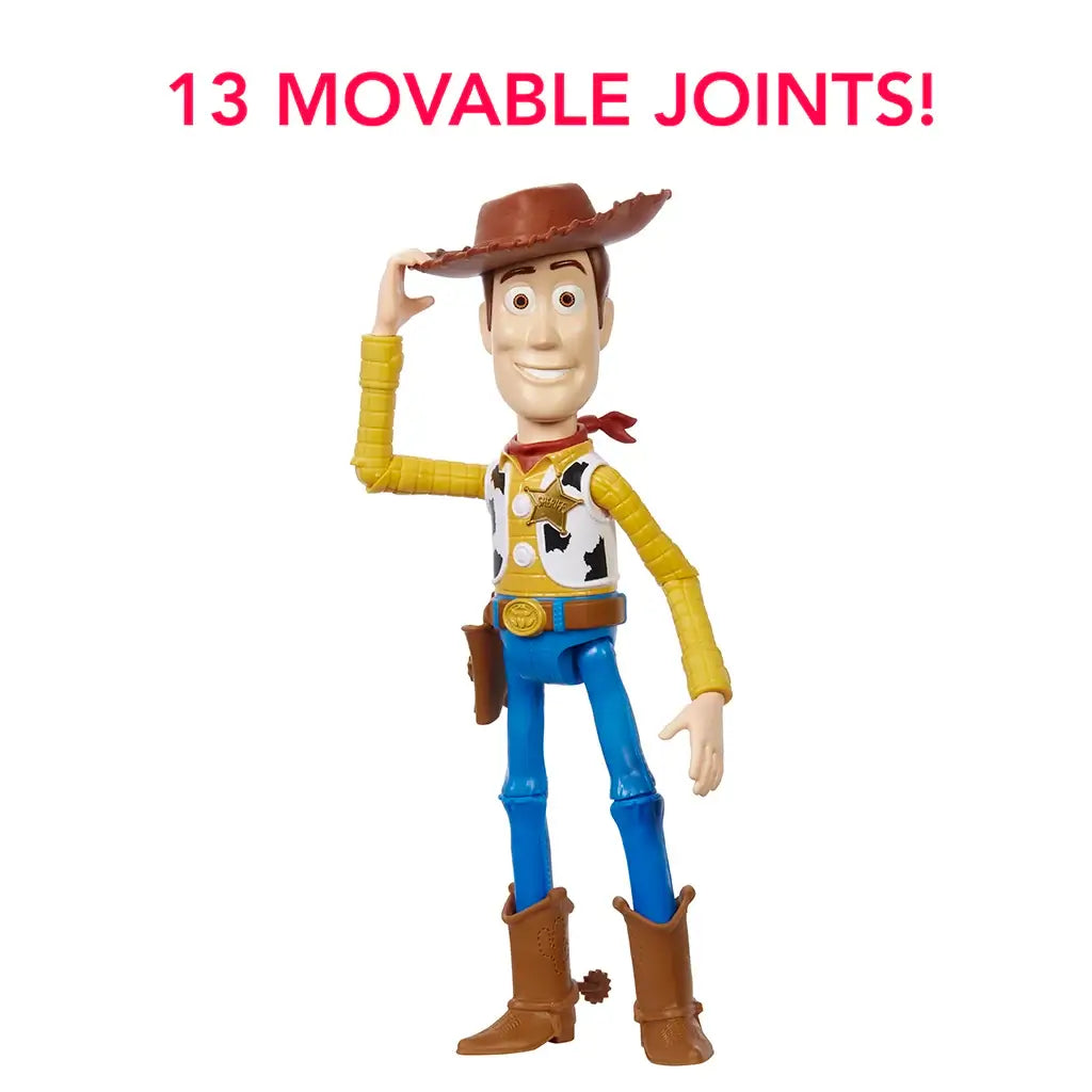 Disney and Pixar Toy Story Woody 12-inch action figure tipping hat with text reading “13 movable joints,” highlighting its articulation and cowboy-themed design.