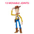 Disney and Pixar Toy Story Woody 12-inch action figure tipping hat with text reading “13 movable joints,” highlighting its articulation and cowboy-themed design.