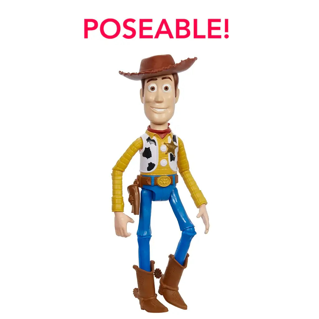 Disney and Pixar Toy Story Woody 12-inch action figure in a dynamic standing pose with “POSEABLE!” text, showcasing its articulation and signature cowboy outfit.