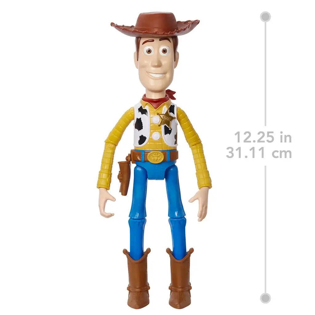 Disney and Pixar Toy Story Woody 12-inch action figure shown upright with labeled height of 12.25 inches or 31.11 cm, wearing cowboy attire and brown boots.