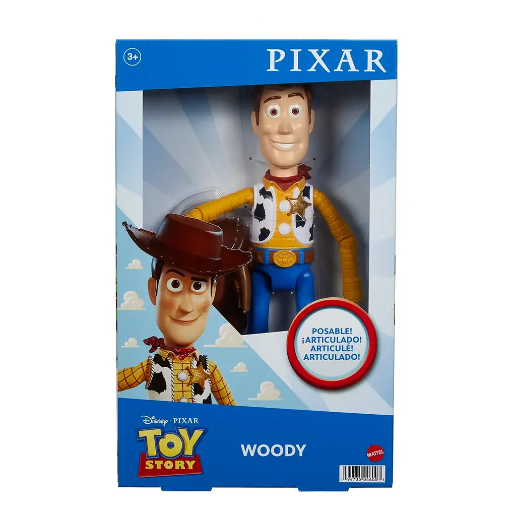 Front view of Disney and Pixar Toy Story Woody 12-inch action figure inside blue retail packaging, with character art and labeled as articulated and posable.