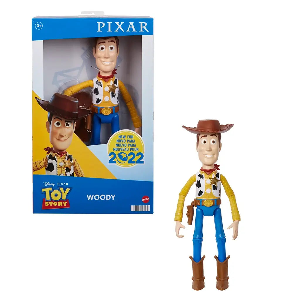 Disney and Pixar Toy Story Woody 12-inch action figure in retail box packaging, featuring Woody in cowboy outfit with brown hat, visible through clear display window.