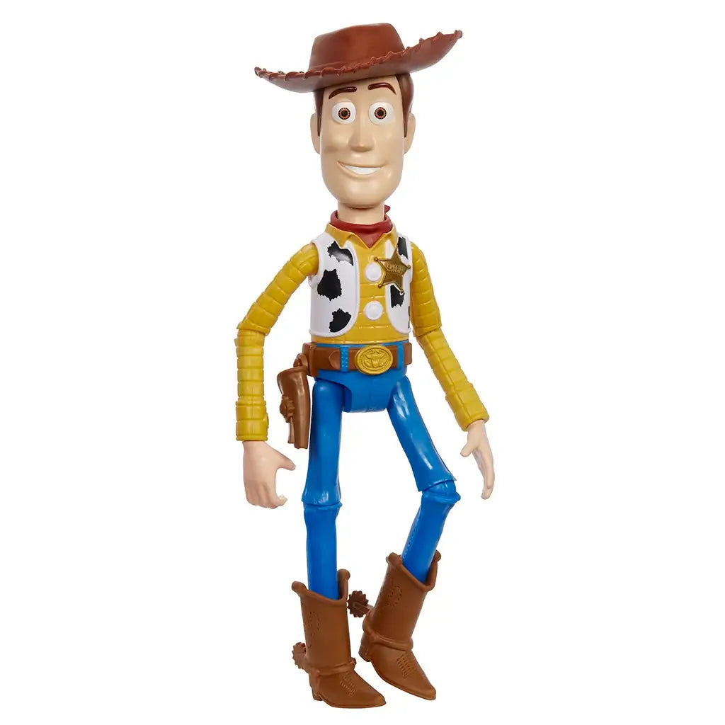 Full view of Disney and Pixar Toy Story Woody 12-inch action figure in classic cowboy outfit with yellow shirt, blue jeans, brown boots, and removable hat.