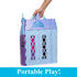 Folded Disney Frozen Arendelle Castle playset in light blue with purple accents, compact design featuring carry handle on top, shown for easy portable play storage.