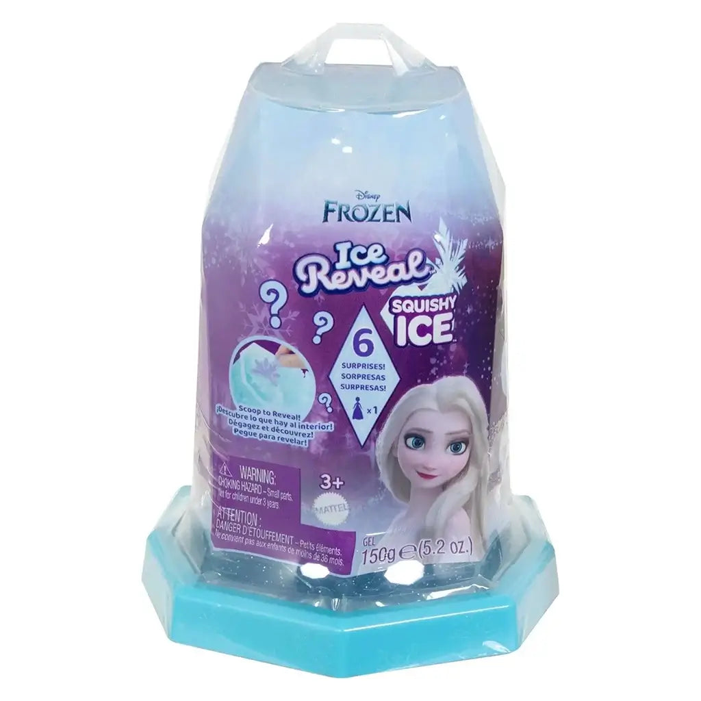 Disney Frozen Ice Reveal Squishy Ice toy packaging showing Elsa and text highlighting six hidden surprises, designed in a purple crystal-shaped container by Mattel for children aged 3 and up.