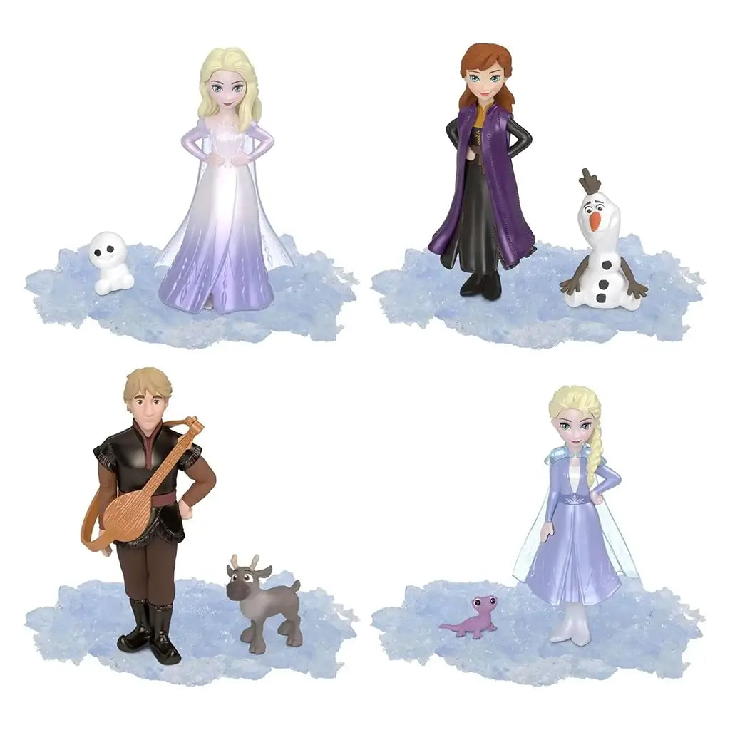 Disney Frozen Ice Reveal toy set featuring collectible mini figures of Elsa, Anna, Kristoff, and Olaf on icy blue bases, each paired with small companion figures for imaginative winter play.