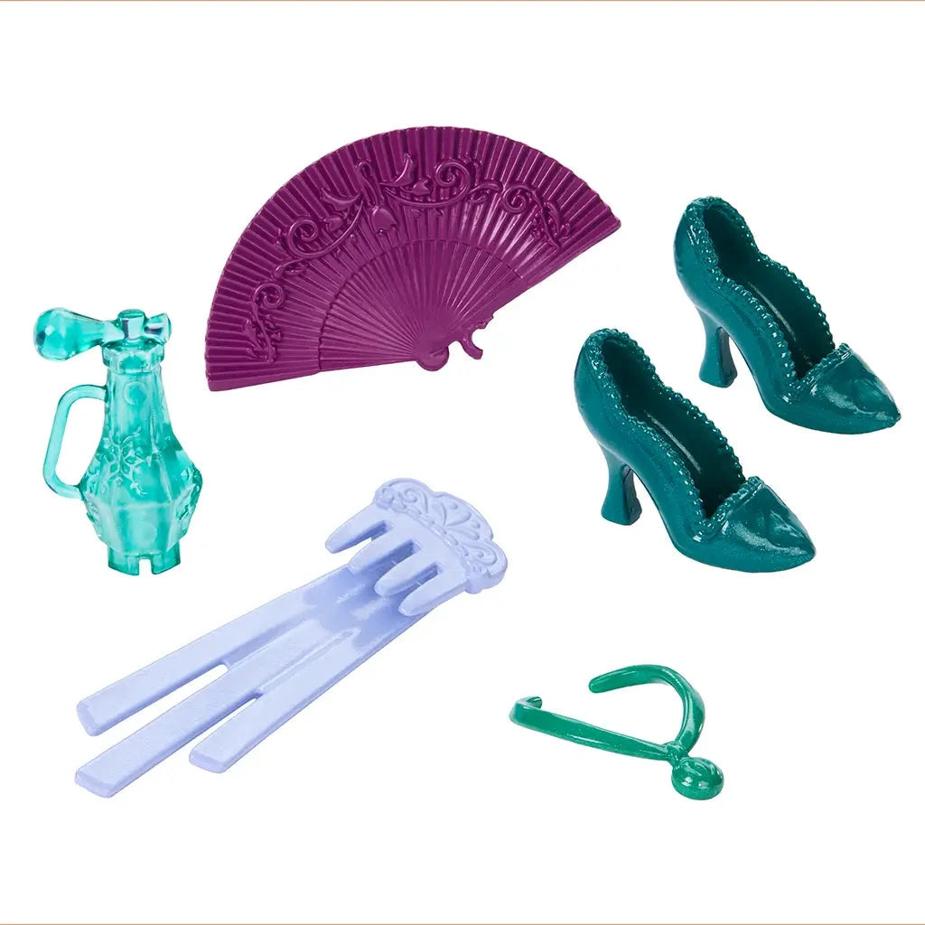 Set of miniature doll accessories for Disney Frozen Anna including teal high-heeled shoes, purple hand fan, translucent comb, necklace, and bottle. Detailed toy description for collectors and children ages 3 and up.