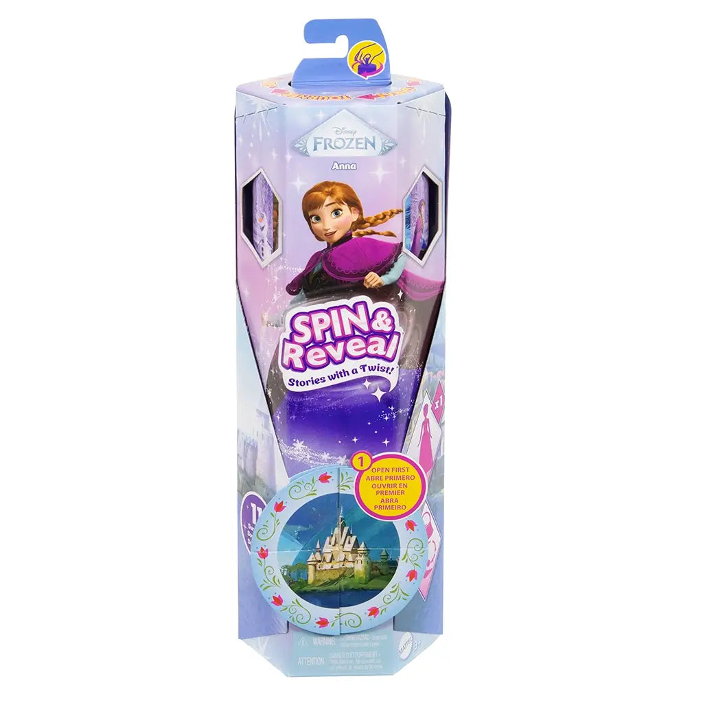 Front view of Disney Frozen Spin & Reveal Anna doll packaging with Anna illustration, snowy backdrop, and circular spin-to-reveal feature. Detailed toy description for collectors and children ages 3 and up.