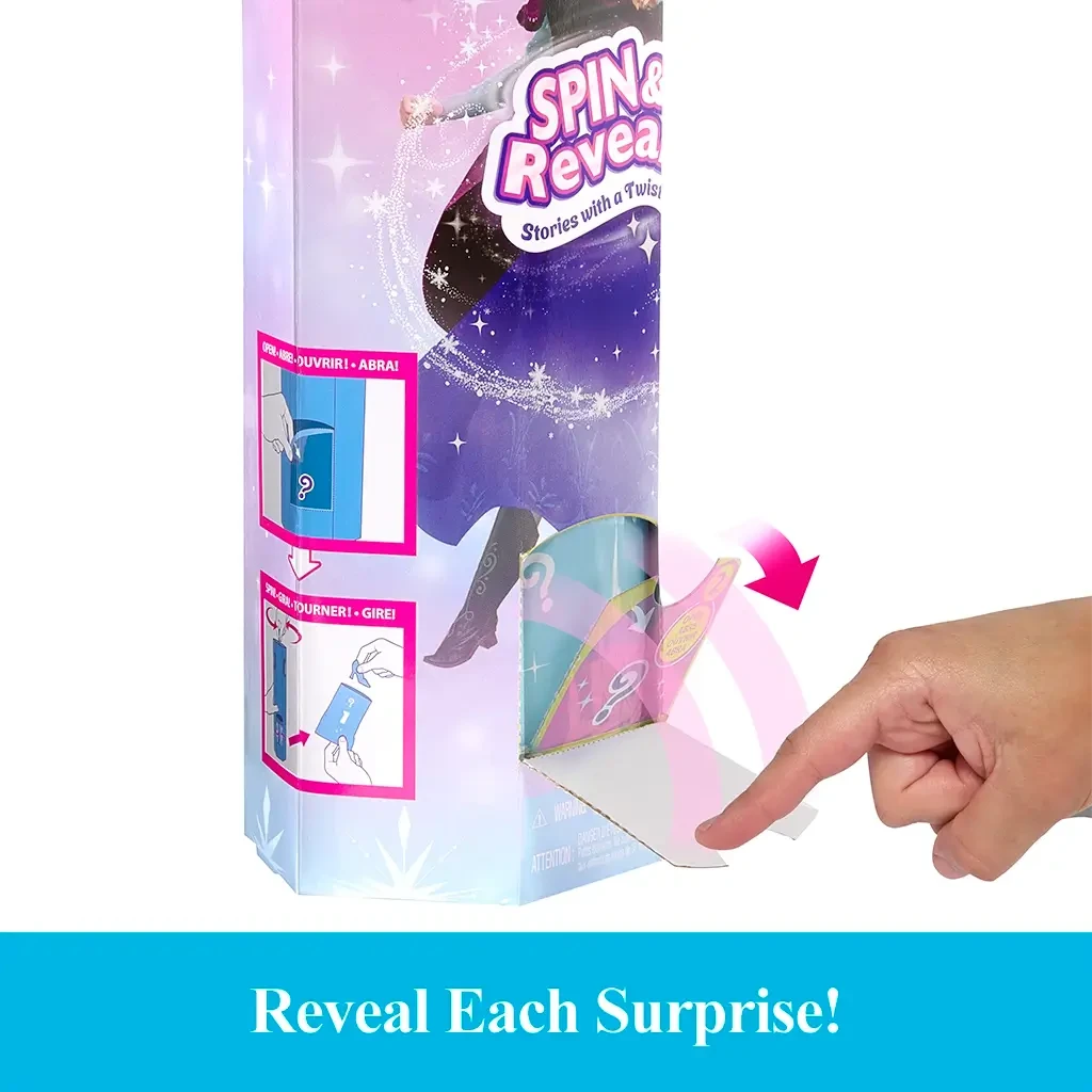 Close-up of hand opening a hidden compartment in the Disney Frozen Spin & Reveal Anna doll packaging, revealing a mystery accessory inside. Detailed toy description for collectors and children ages 3 and up.