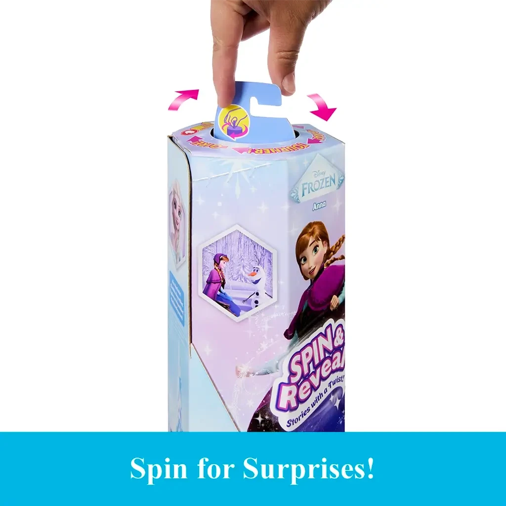 Hand turning spinning mechanism on top of Disney Frozen Spin & Reveal Anna doll box to reveal hidden toy surprises and accessories. Detailed toy description for collectors and children ages 3 and up.