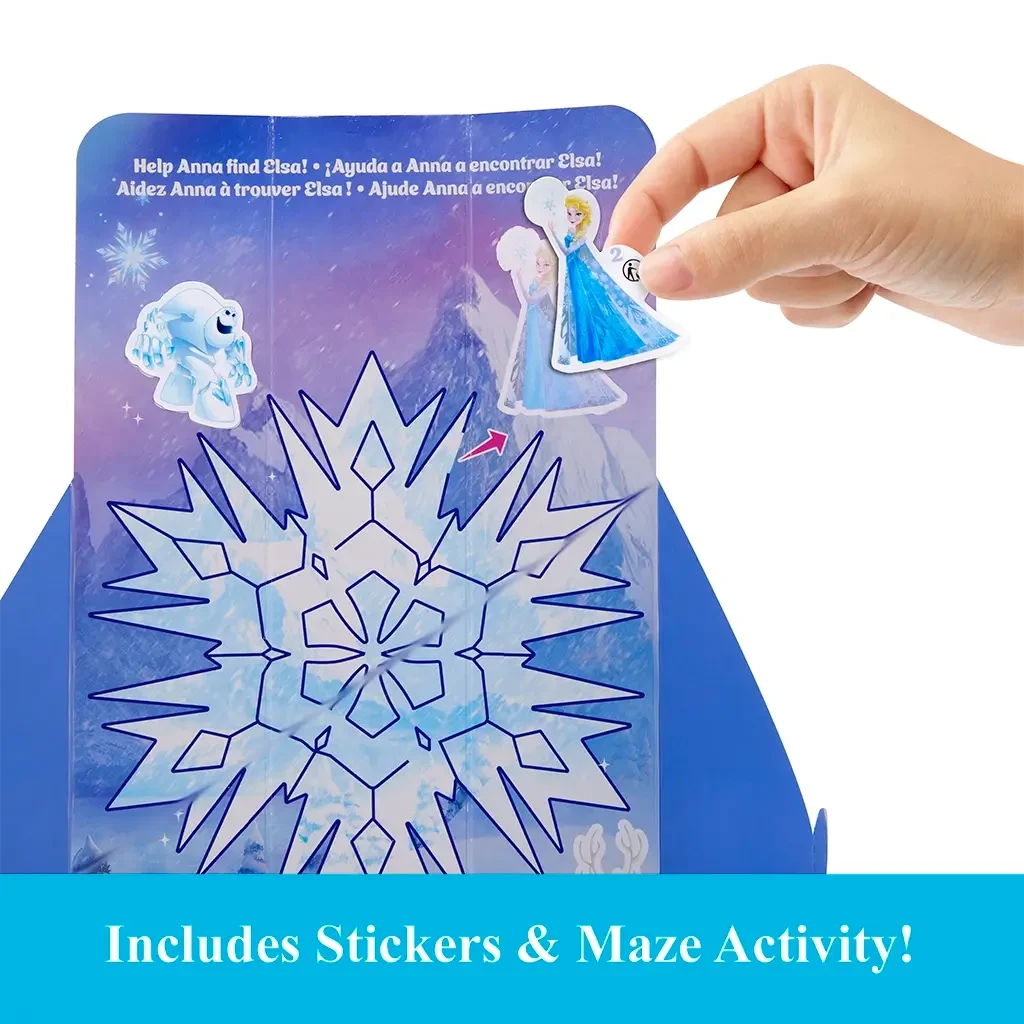Interactive Frozen-themed snowflake maze board with cut-out character stickers of Elsa and Marshmallow for playful activity and storytelling. Detailed toy description for collectors and children ages 3 and up.
