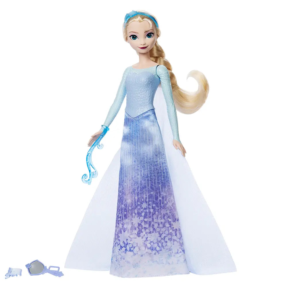 Disney Frozen Elsa doll in long ombre blue gown with shimmering snowflake details, blonde braid, and icy accessories, designed for kids’ storytelling adventures and roleplay fun.