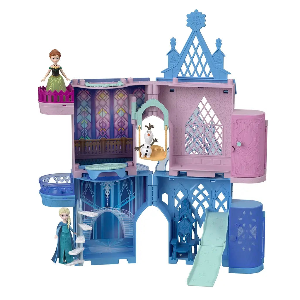 Disney Frozen Storytime Stackers Anna’s Arendelle Castle playset in pink and blue plastic with spiral staircase, slide, balcony, and character figures for imaginative play.