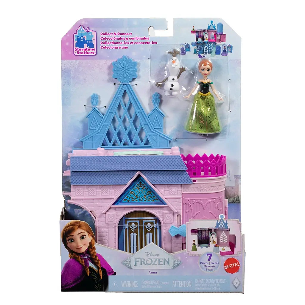 Disney Frozen Storytime Stackers Anna’s Arendelle Castle boxed set showing castle exterior, Anna and Olaf figures, and collectible packaging with castle design details.