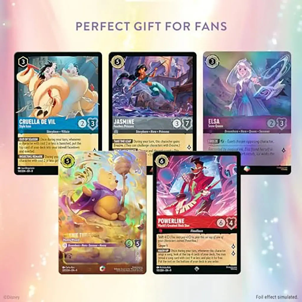 Disney Lorcana TCG Fabled booster card set showcasing Cruella, Jasmine, Elsa, Winnie the Pooh, and Powerline with vivid foil-style artwork under the heading “Perfect Gift for Fans.”
