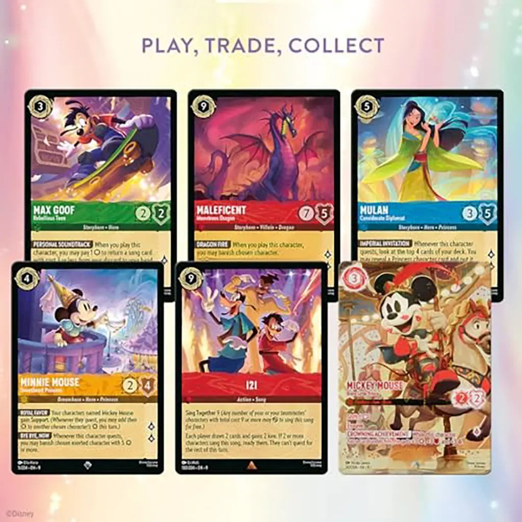 Disney Lorcana TCG Fabled booster card assortment showing Max Goof, Maleficent, Mulan, Minnie Mouse, Izzy, and Mickey Mouse with colorful fantasy-themed card designs for play and collection.