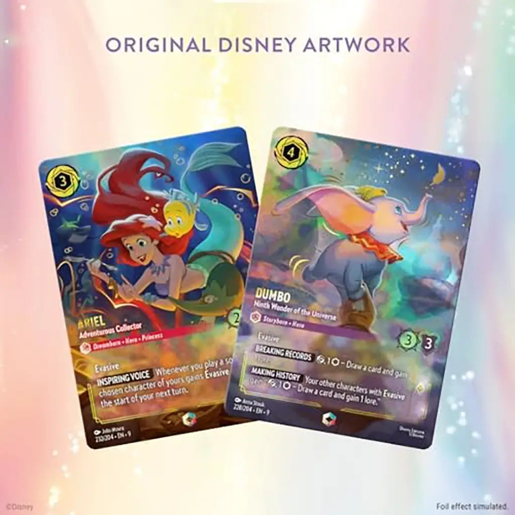 Disney Lorcana TCG cards featuring Ariel with Flounder and Dumbo in bright original artwork, shown against a rainbow background with the text “Original Disney Artwork.”