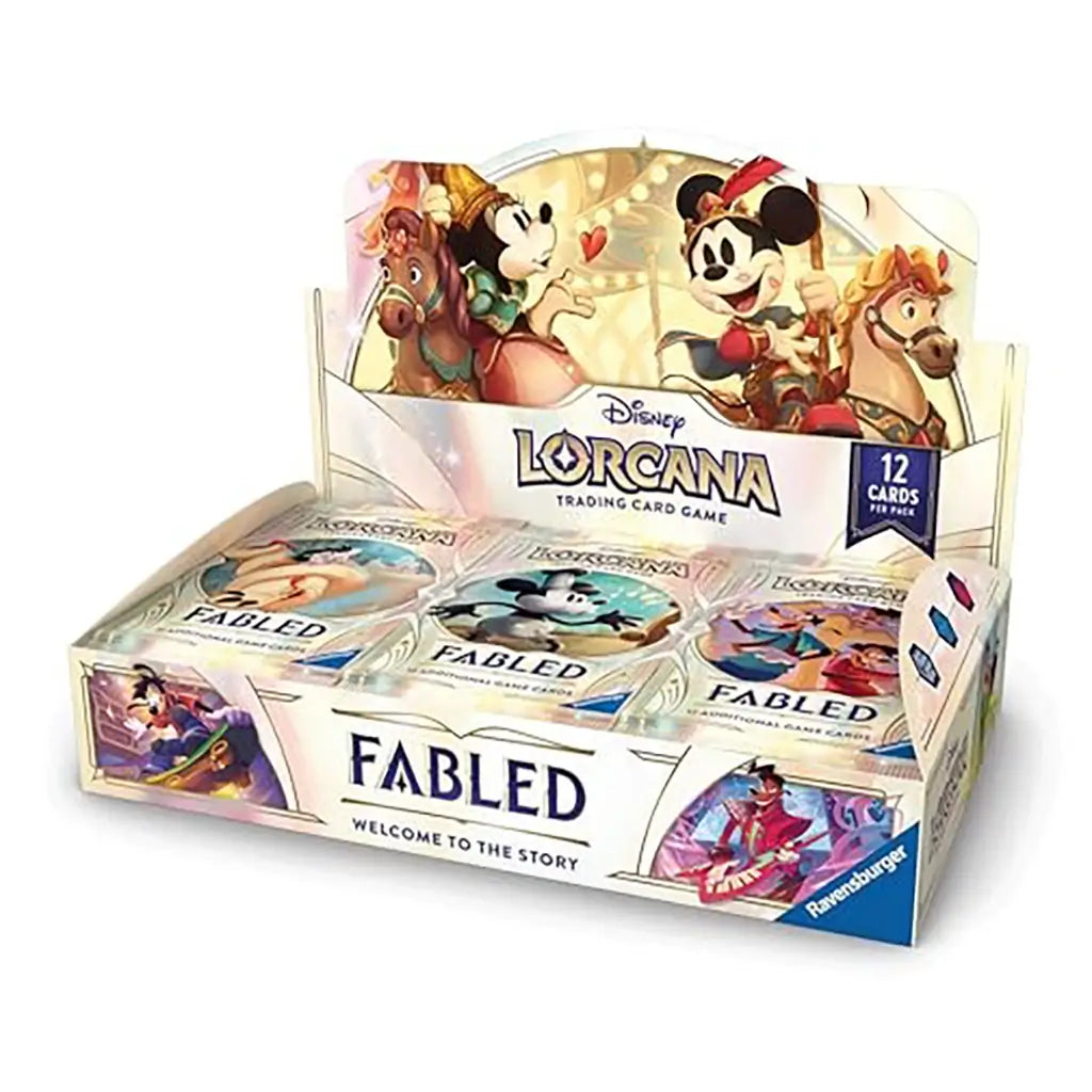 Disney Lorcana TCG Fabled booster display box with packs featuring Mickey Mouse and friends, carousel artwork, and 12-card packs arranged neatly inside a branded Ravensburger case.
