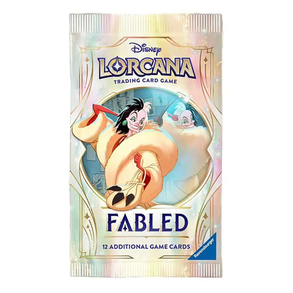Disney Lorcana TCG Fabled booster pack featuring Cruella de Vil artwork on a shiny foil wrapper, containing 12 additional trading game cards produced by Ravensburger.