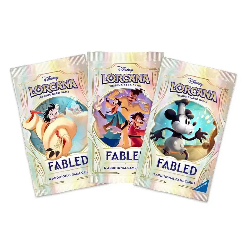 Disney Lorcana TCG Fabled booster pack assortment showing three sealed packs with foil designs of Cruella de Vil, Goofy with Max, and Mickey Mouse in retro animation style.