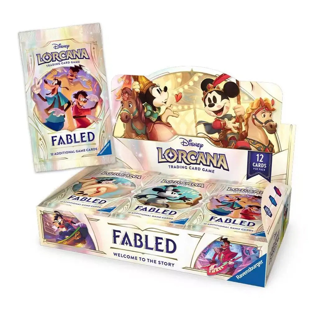Disney Lorcana TCG Fabled booster box display with Mickey and friends carousel artwork, showcasing multiple foil packs of 12 cards each arranged for retail presentation.