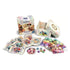 Disney Lorcana Fabled Illumineer’s Trove set contents including storage box, booster packs, foil dividers, colorful dice, and collectible character cards displayed together.