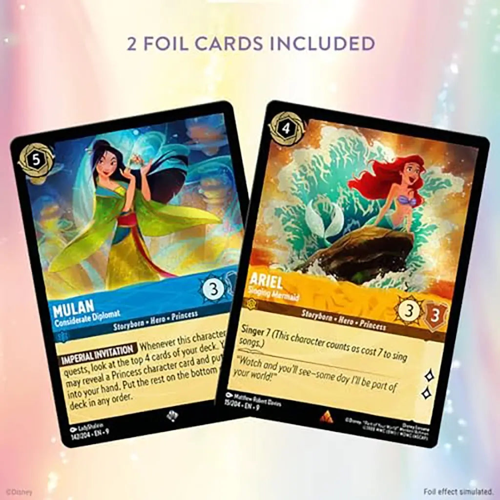 Disney Lorcana foil trading cards featuring Mulan in a green robe with fan and Ariel on a rock with ocean waves, both illustrated in vivid colors with character stats.