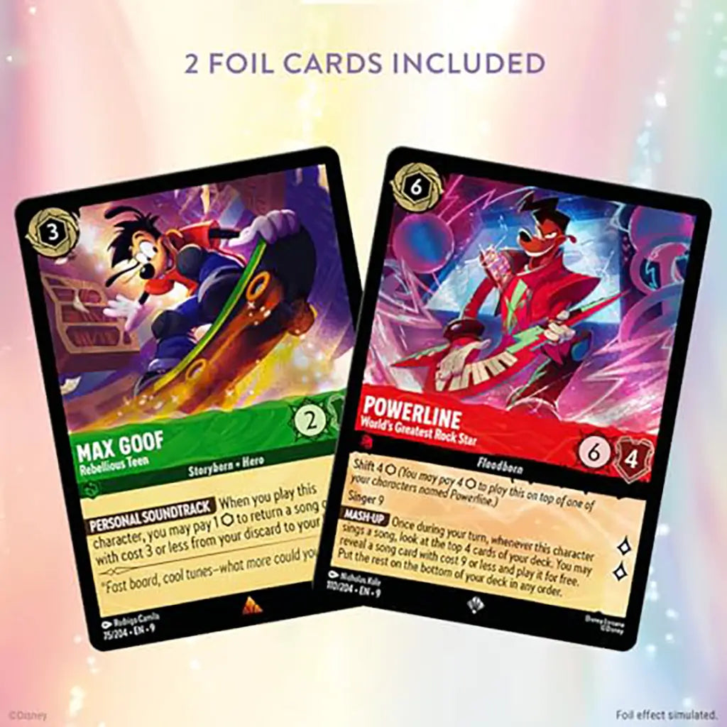 Disney Lorcana TCG Fabled set displaying two foil cards of Max Goof skateboarding and Powerline performing on stage, with bold colors under the label “2 Foil Cards Included.”