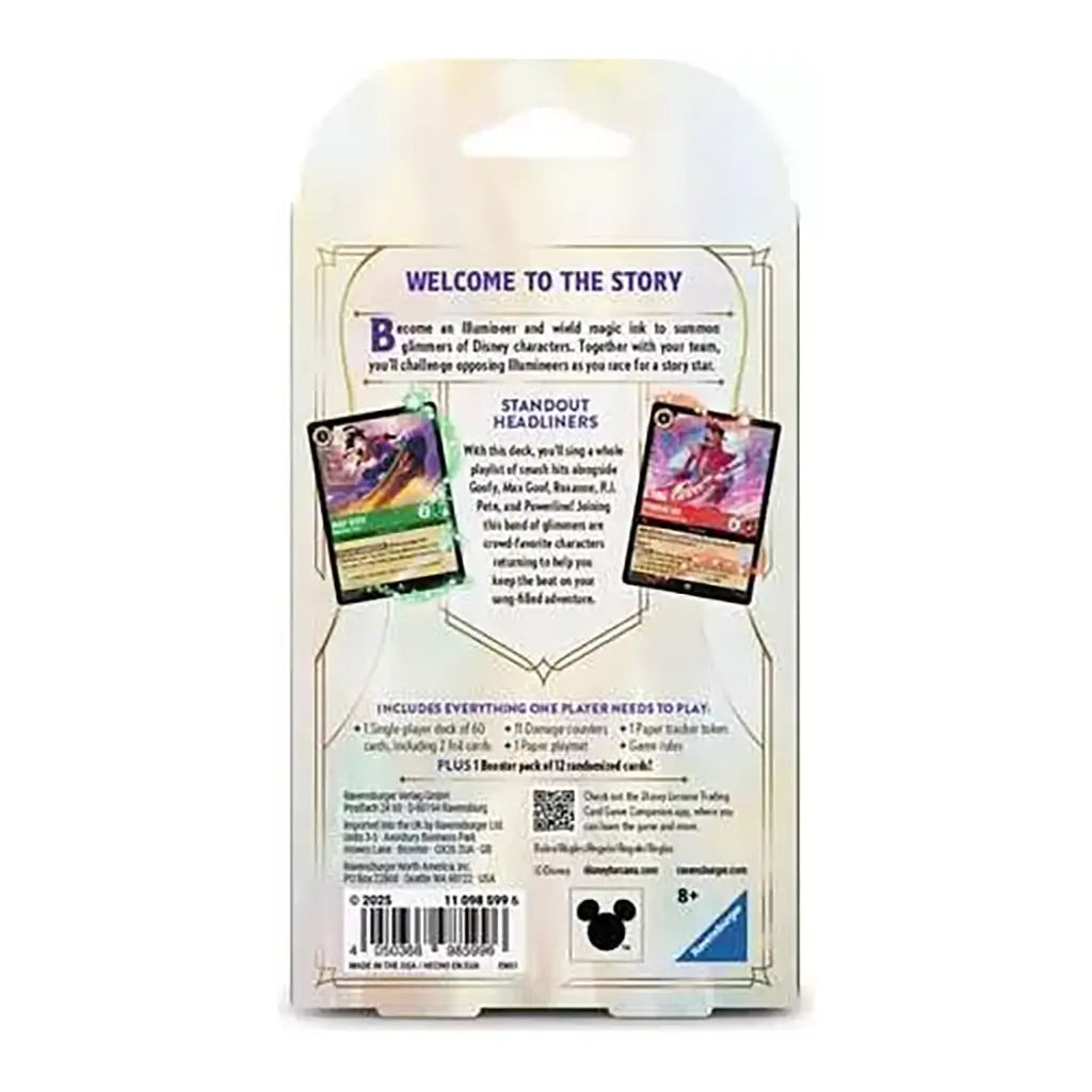 Back of Disney Lorcana TCG Fabled single-player deck package with game description, featured foil cards of Powerline and Max Goof, and details on included deck, rules, and tokens.