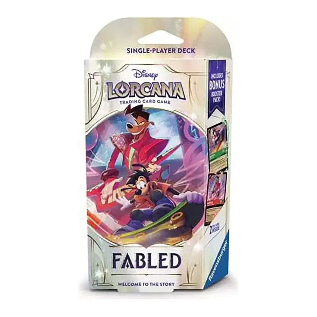 Front packaging of Disney Lorcana TCG Fabled single-player deck showing Powerline and Max Goof artwork, labeled as including a bonus booster pack for expanded gameplay.