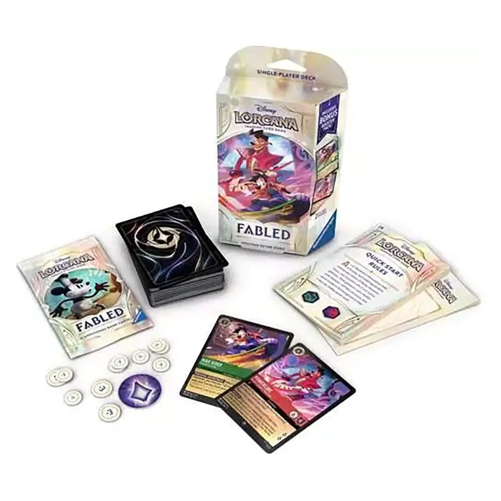 Disney Lorcana TCG Fabled single-player deck with cards, tokens, booster pack, and rule sheet, featuring Powerline and Max Goof as headliner characters in colorful artwork.