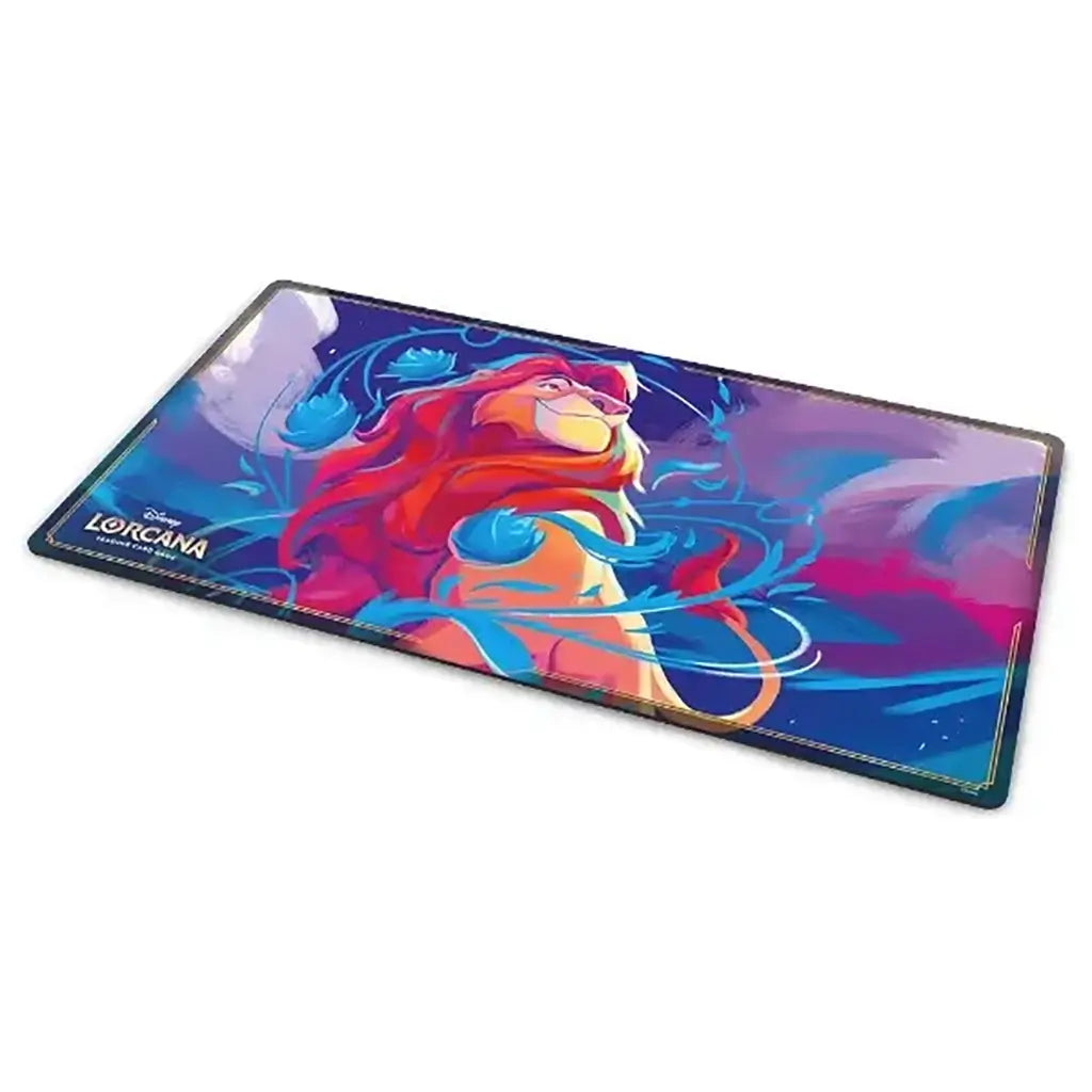 Angled view of Disney Lorcana TCG Mufasa playmat with vivid artwork of Mufasa, purple and blue swirling fantasy background, and stitched edges for durable card game play surface.