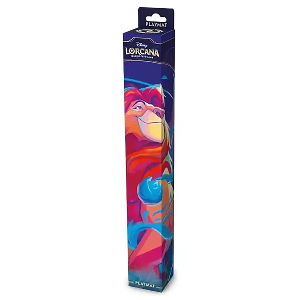 Front packaging of Disney Lorcana TCG Mufasa playmat, showcasing colorful artwork of Mufasa surrounded by blue magical elements, stored in a tall rectangular box for easy portability.