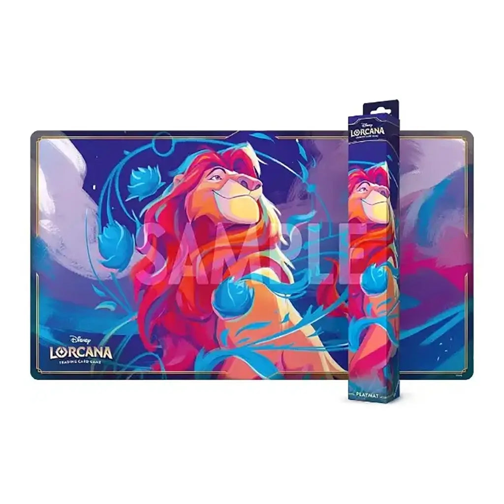 Disney Lorcana TCG playmat featuring Mufasa in bold red, orange, and blue artwork, set against a cosmic night sky with swirling magical accents, designed for card gameplay protection.