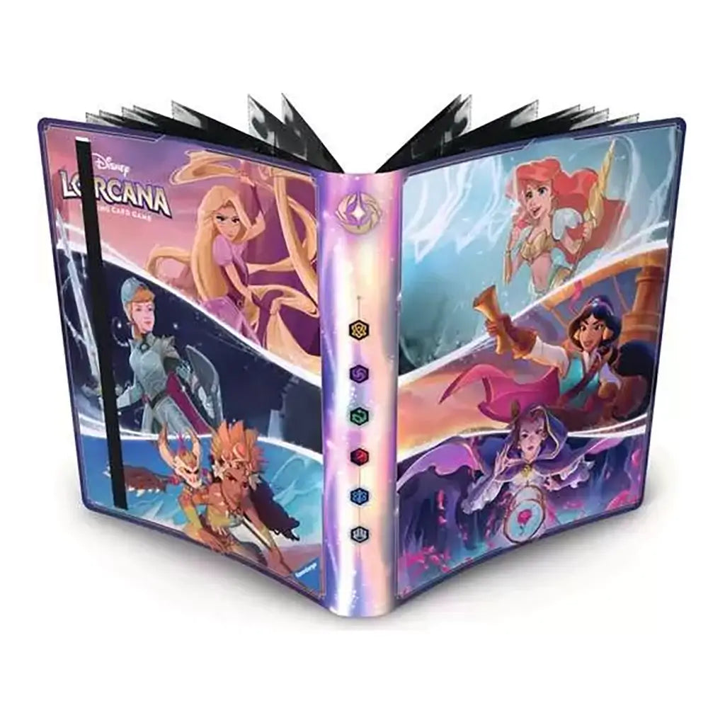 Open Disney Lorcana TCG card portfolio showcasing detailed artwork of Ariel, Jasmine, Belle, Rapunzel, and Cinderella with fantasy designs, reinforced spine, and clear pages for secure card organization.