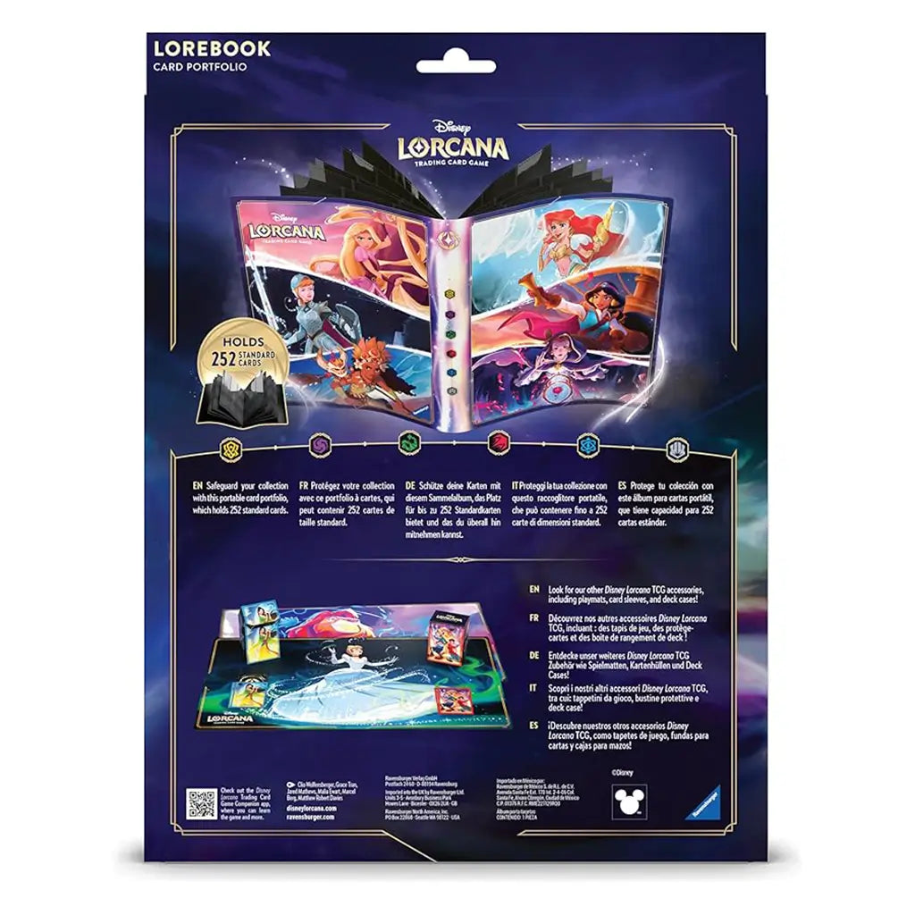 Back of Disney Lorcana TCG card portfolio packaging displaying interior storage for 252 cards, promotional artwork of multiple princess characters, and multilingual product details with accessory options.