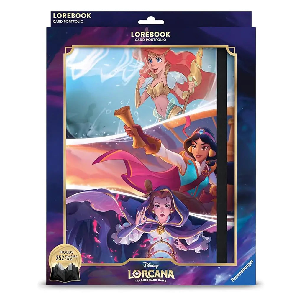 Disney Lorcana TCG card portfolio with glossy cover artwork featuring Ariel, Jasmine, and Belle in vibrant fantasy scenes, designed to hold and protect 252 standard trading cards.