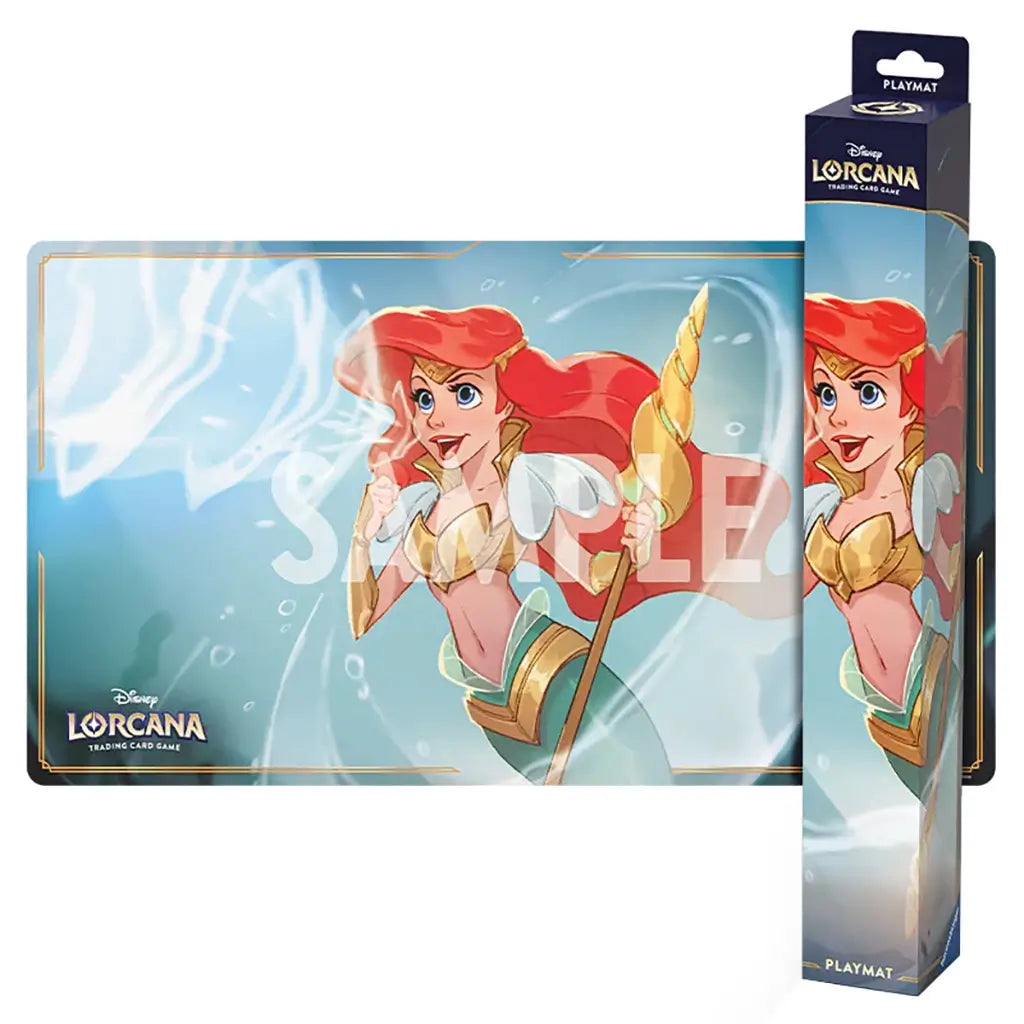 Disney Lorcana Ariel Sonic Warrior playmat showing a dynamic image of Ariel in battle-ready gold armor underwater, holding a glowing trident with bubbles and currents swirling around her, enhancing the fantasy ocean theme.