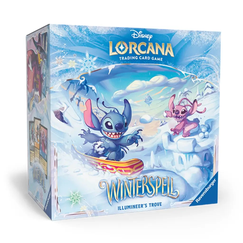 Disney Lorcana Winterspell Illumineer’s Trove trading card game box with vibrant blue icy artwork showing Stitch snowboarding and Angel laughing amid snowy mountains, featuring detailed fantasy snowflakes and shimmering winter colors.