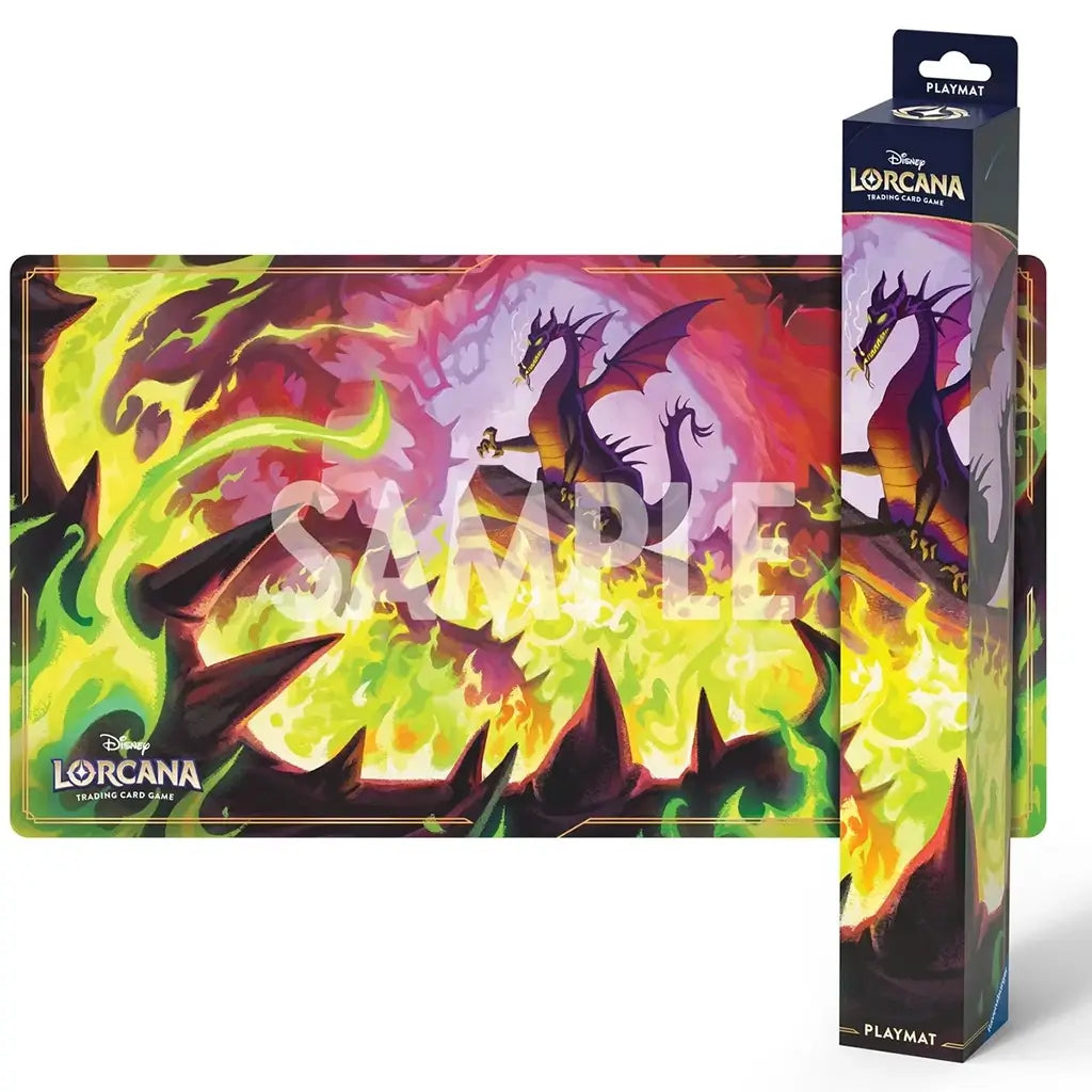 Disney Lorcana playmat showcasing Maleficent as a dark dragon amid bright yellow-green fire and thorny black shapes, with boxed packaging beside it highlighting the same fiery fantasy design.