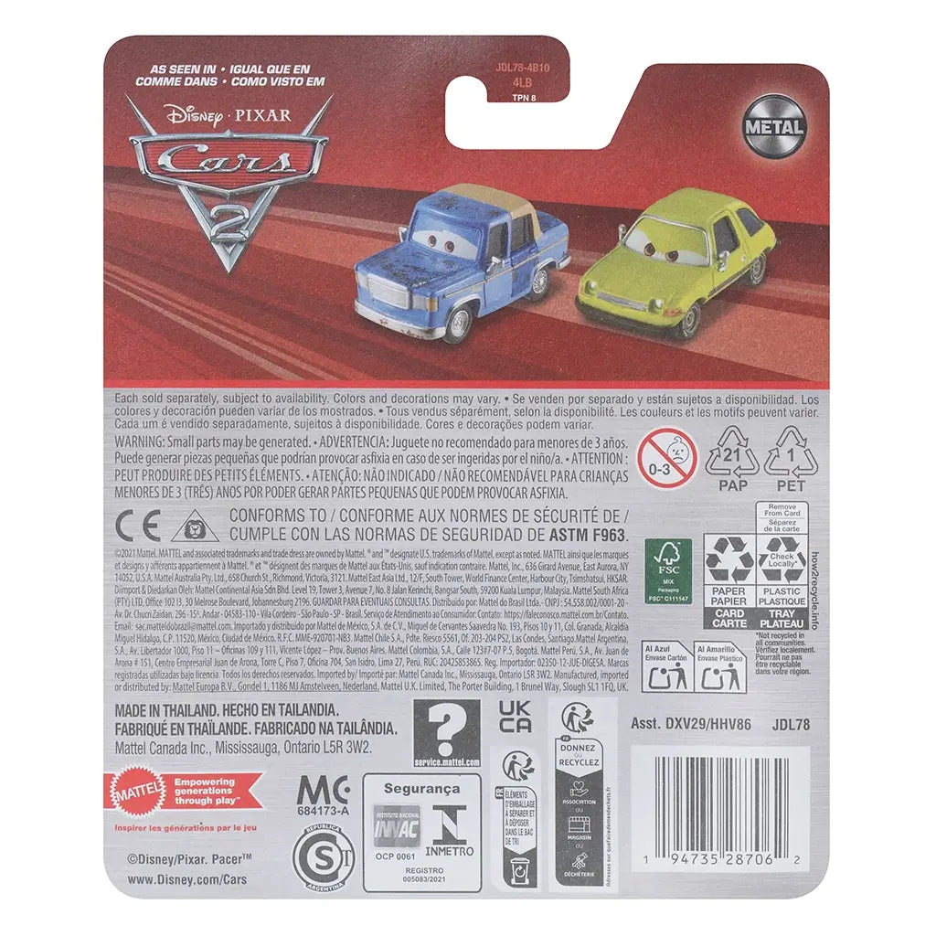 Back of Disney Pixar Cars diecast packaging showing product details, safety warnings, multilingual text, and images of blue and green character cars against red backdrop.
