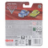 Back of Disney Pixar Cars diecast packaging showing product details, safety warnings, multilingual text, and images of blue and green character cars against red backdrop.