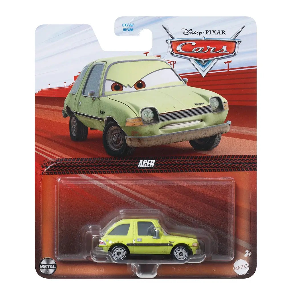 Front of Disney Pixar Cars Acer diecast packaging with red racetrack background, large animated Acer character art, and blister pack containing matching green-yellow toy car.