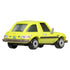 Yellow Pixar Cars Acer diecast toy with AMC logo, green license plate, silver trim, and black wheels, viewed from rear angled perspective with subtle weathering details.