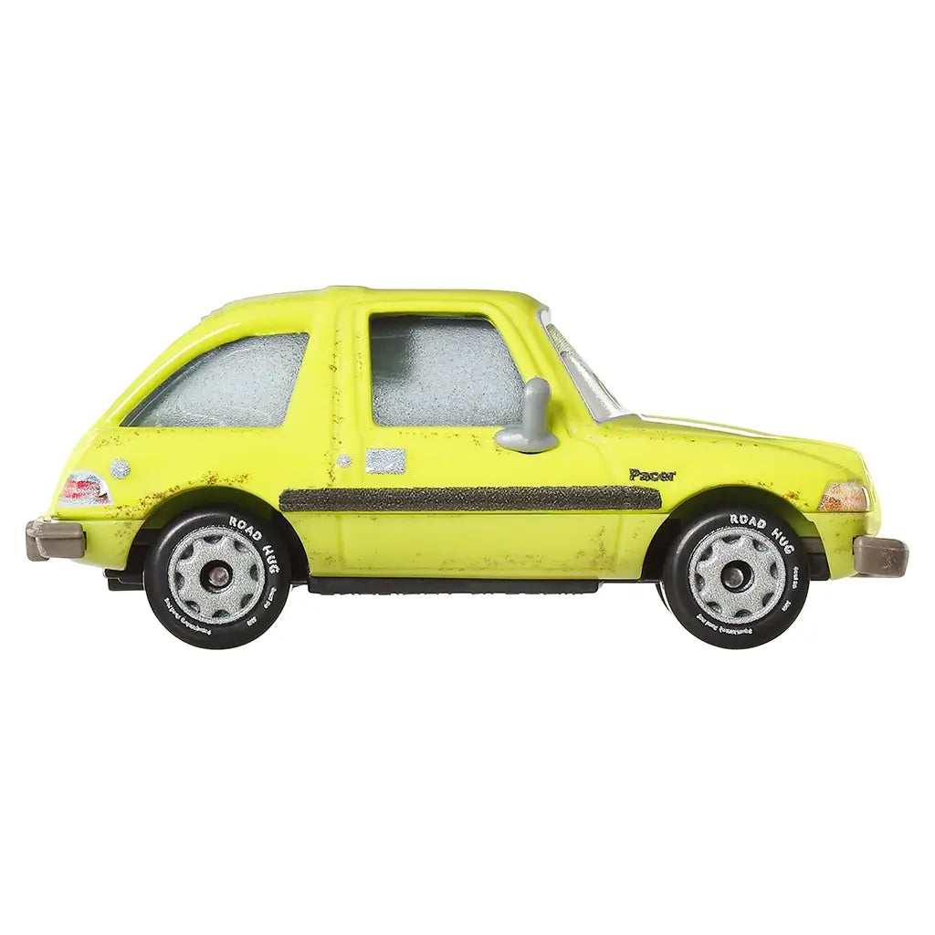 Bright yellow metal diecast Disney Pixar Cars Acer toy car with black stripe, silver accents, and printed details, shown from side view against a white background.