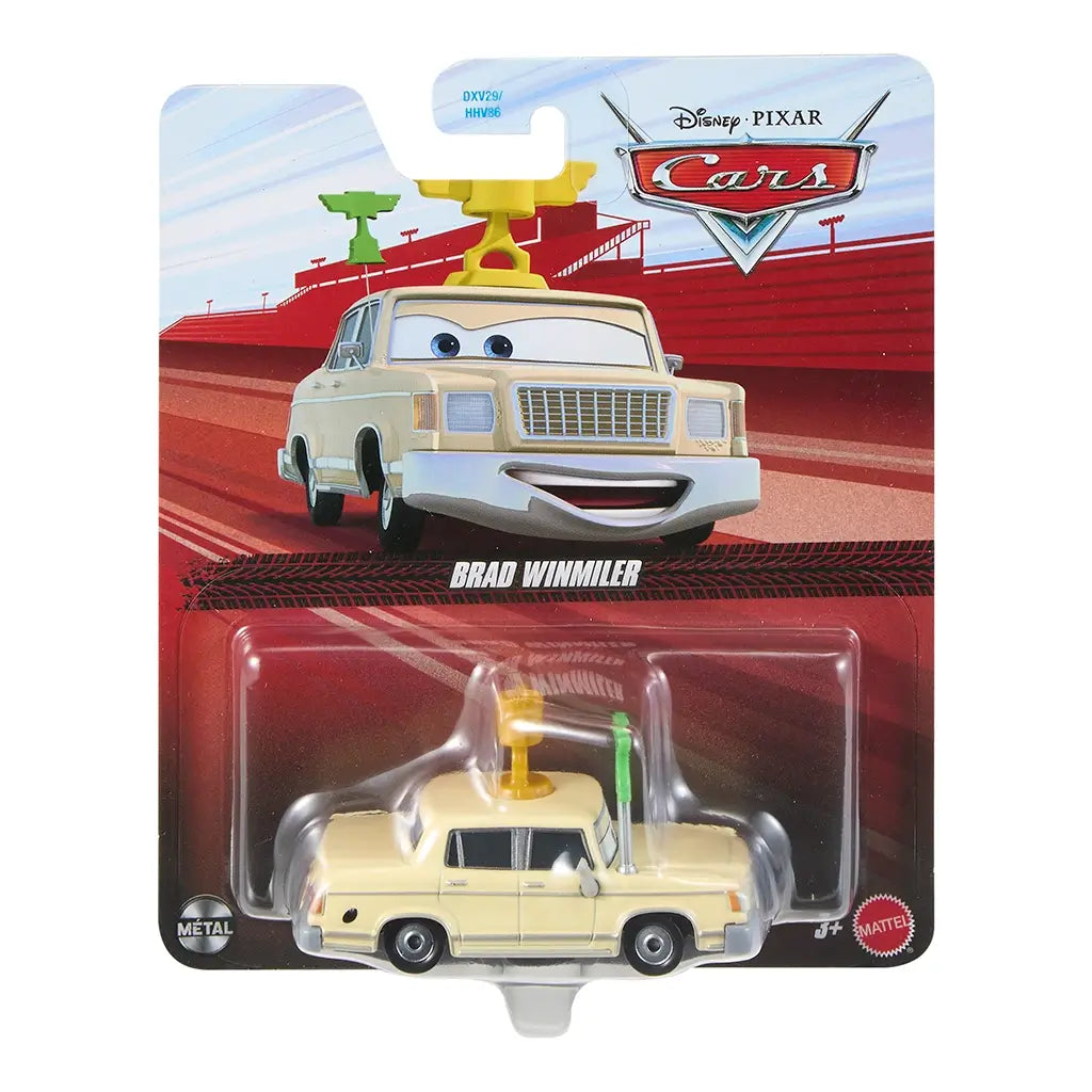 Disney Pixar Cars Brad Winner package front in red printed cardboard with clear plastic blister, displaying the cream-colored diecast car with roof trophy and microphone accessory, character artwork, safety warnings, and Mattel branding.