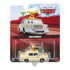 Disney Pixar Cars Brad Winner package front in red printed cardboard with clear plastic blister, displaying the cream-colored diecast car with roof trophy and microphone accessory, character artwork, safety warnings, and Mattel branding.
