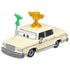 Disney Pixar Cars Brad Winner diecast sedan in light cream metal with smooth glossy texture, boxy classic car shape, gold roof-mounted trophy, green side microphone arm, neutral gray wheels, and focused eyes on a clean white studio background.