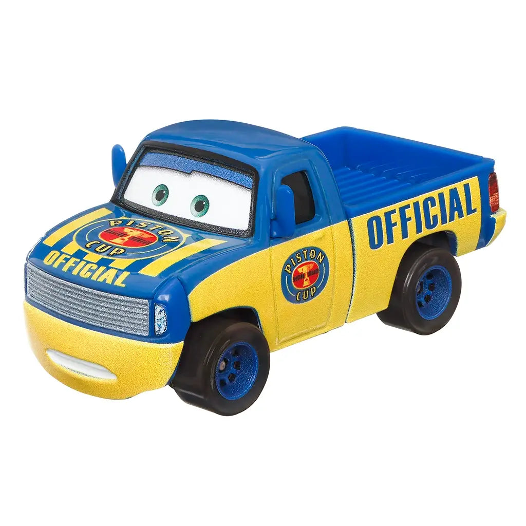 Disney Pixar Cars Dexter Hoover diecast angled view highlighting the blue cab, yellow doors, textured metal finish, Official lettering on the bed, blue wheels, friendly character face, and sturdy race support truck design on white.